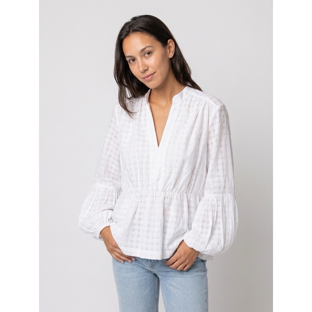 Trina Turk Blouse  White Cotton V Neck 3/4 Sleeve Blouse Top Size L(8-b40)